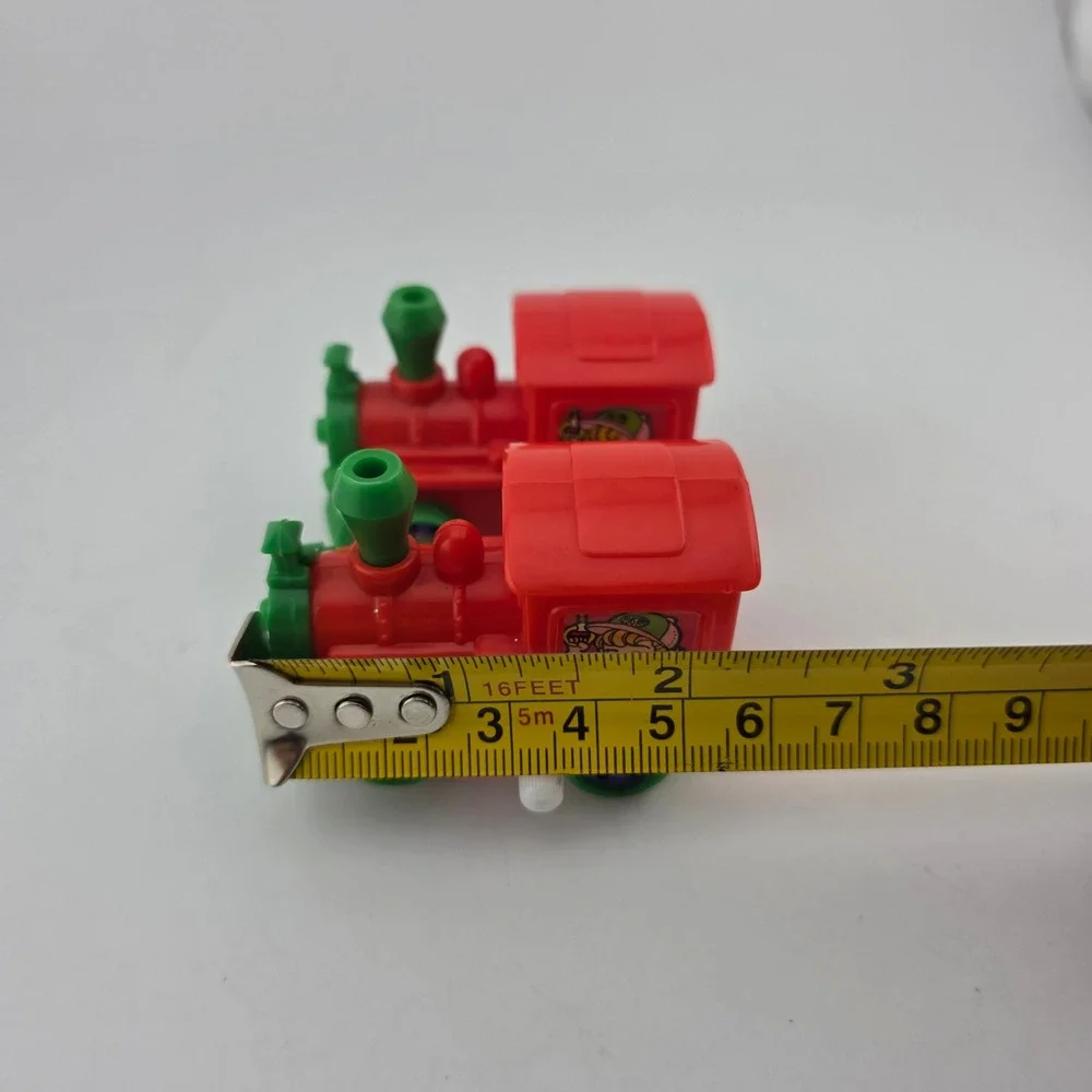Vintage Wind Up Train Engine Toy Set 2pc Red Green GOOD Miniature Playroom Decor